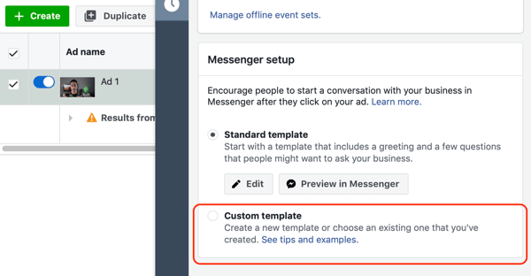 Πώς να στοχεύσετε θερμούς δυνητικούς πελάτες με διαφημίσεις Facebook Messenger, βήμα 10, επιλογή προσαρμοσμένου προτύπου messenger