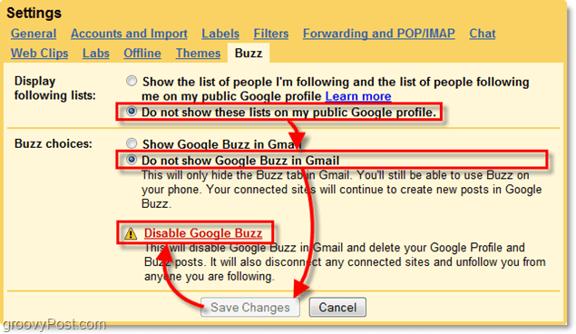 στις ρυθμίσεις του gmail κάντε κλικ στην καρτέλα google buzz