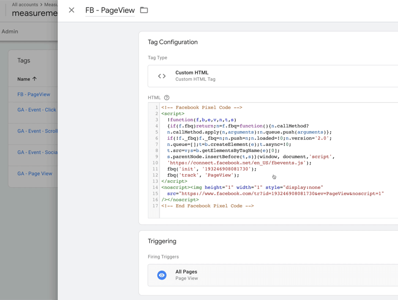 παράδειγμα διαμόρφωση ετικέτας google tag manager που ονομάζεται fb pageview με τύπο ετικέτας που έχει οριστεί σε προσαρμοσμένο html με κάποιο κώδικα HTML, με ενεργοποιημένους κανόνες ενεργοποίησης σε όλες τις σελίδες