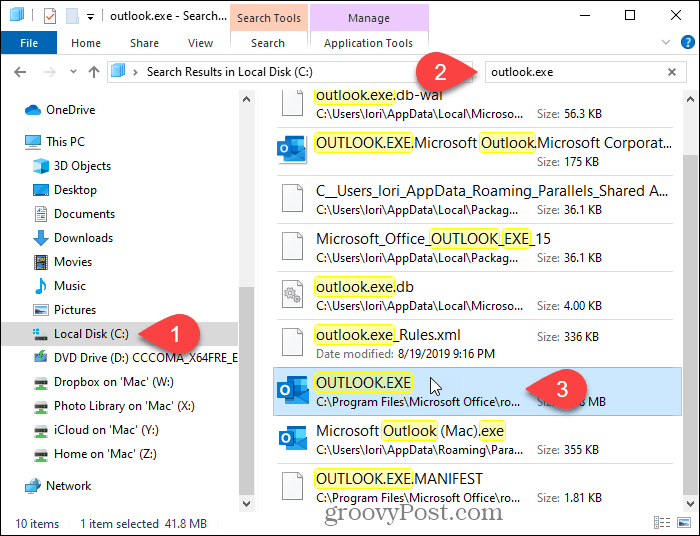 Αναζήτηση για το Outlook στον φάκελο Explorer