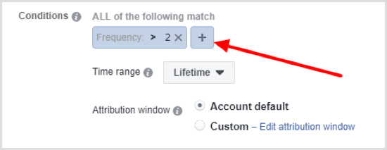 Κάντε κλικ στο κουμπί + για να ρυθμίσετε τη δεύτερη συνθήκη για τον αυτοματοποιημένο κανόνα Facebook