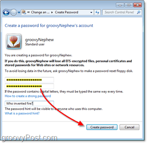 πώς να δημιουργήσετε έναν νέο κωδικό πρόσβασης για έναν λογαριασμό χρήστη των Windows 7