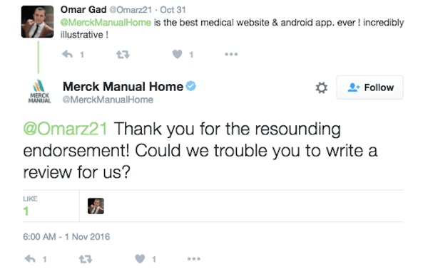 Το Merck Manual Home ενθαρρύνει έναν πελάτη να αφήσει μια κριτική για την εφαρμογή του.