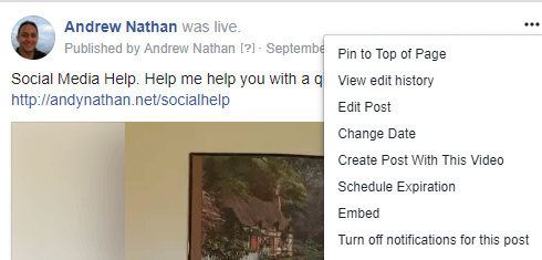 Για να λάβετε τον κώδικα ενσωμάτωσης σε μια ανάρτηση βίντεο στο Facebook Live, κάντε κλικ στο μενού με τις τρεις κουκκίδες και επιλέξτε Ενσωμάτωση.