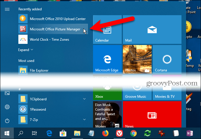Ο Microsoft Office Picture Manager κάτω από Πρόσφατα προστέθηκε στο μενού Έναρξη των Windows 10