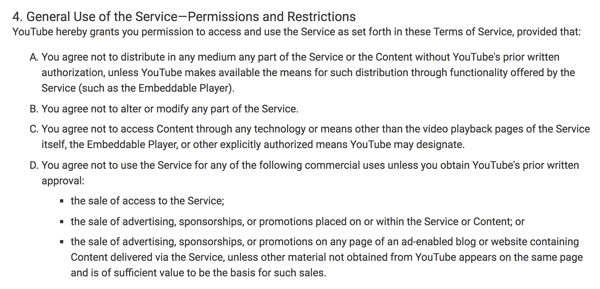 Οι Όροι Παροχής Υπηρεσιών του YouTube περιγράφουν ξεκάθαρα τις περιορισμένες εμπορικές χρήσεις της πλατφόρμας.