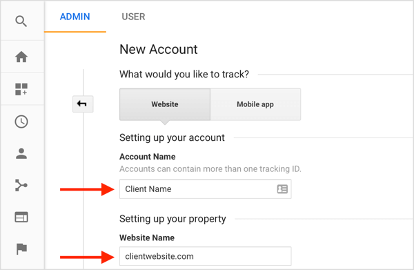 Συμπληρώστε πληροφορίες για να δημιουργήσετε έναν νέο λογαριασμό πελάτη από τον λογαριασμό σας στο Google Analytics.