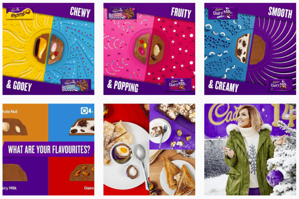 Η ροή Instagram για το Cadbury εστιάζει στο εικονικό μωβ χρώμα τους.