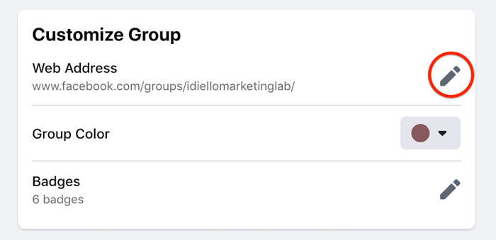 Η επιλογή Facebook customize group settings επισημαίνεται για επεξεργασία της διεύθυνσης ιστού