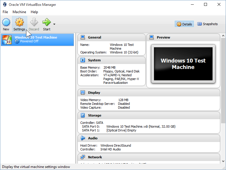 09 Άνοιγμα ρυθμίσεων VirtualBox (Εγκατάσταση των Windows 10)