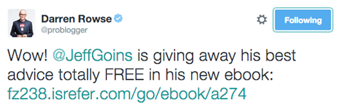 Darren rowse tweet που προωθεί το jeff goins ebook