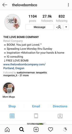 Παράδειγμα βιογραφικού προφίλ επιχειρηματικού Instagram με προσφορά από @thelovebombco.