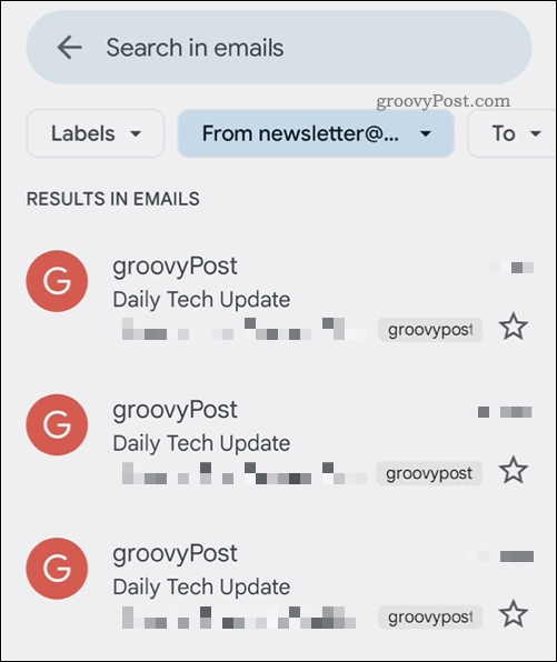 Αποτελέσματα αναζήτησης εφαρμογών Gmail