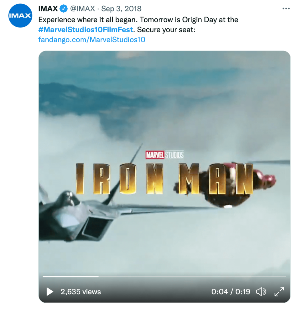 εικόνα του tweet του IMAX για το 10ετές κινηματογραφικό φεστιβάλ Marvel Studios