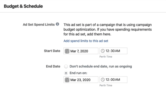 Ενότητα Προϋπολογισμός & Προγραμματισμός σε επίπεδο συνόλου διαφημίσεων στο Facebook Ads Manager