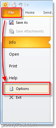 ανοίξτε τις επιλογές του Outlook 2010