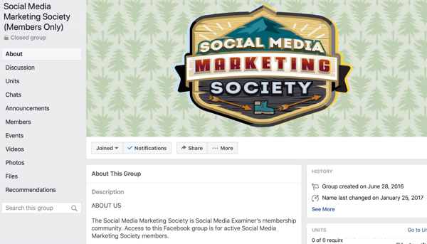 Πώς να χρησιμοποιήσετε τις δυνατότητες των Ομάδων Facebook, παράδειγμα της σελίδας ομάδας του Facebook για την Κοινωνική Εταιρεία Μάρκετινγκ Μέσων
