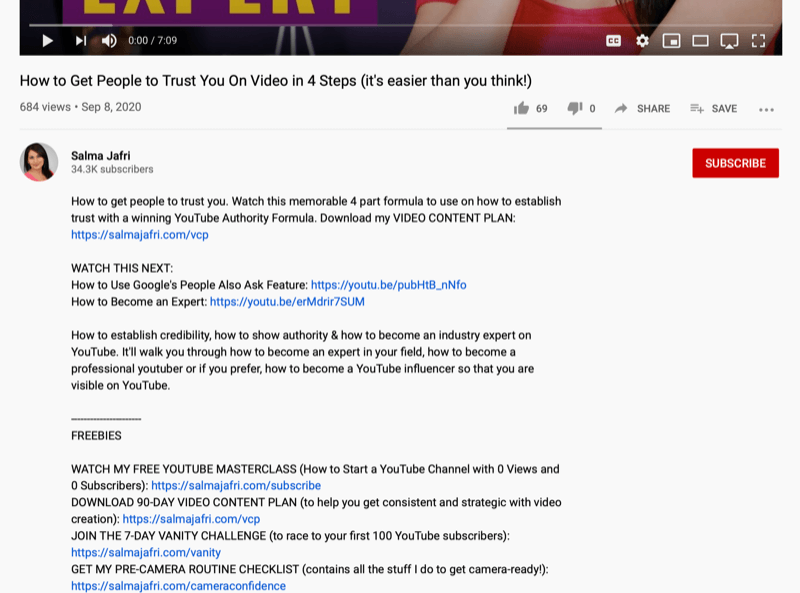 στιγμιότυπο οθόνης των σημειώσεων περιγραφής βίντεο του YouTube με πολλούς συνδέσμους που προστίθενται για άλλα βίντεο στο YouTube ή δωρεάν λήψεις