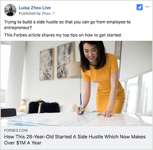 Ο Andrew Hubbard προβάλλει διαφημίσεις που προβάλλουν τον οικοδεσπότη διαδικτυακού σεμιναρίου σε διαδικτυακά άρθρα και podcasts για να δημιουργήσουν την εξουσία τους πριν το κοινό παρακολουθήσει το διαδικτυακό σεμινάριο. Σε αυτό το παράδειγμα, η Luisa Zhou Live προβάλλει μια διαφήμιση στο Zhou στο Forbes. Το άρθρο παρουσιάζει τις συμβουλές της για να γίνει επιχειρηματίας.