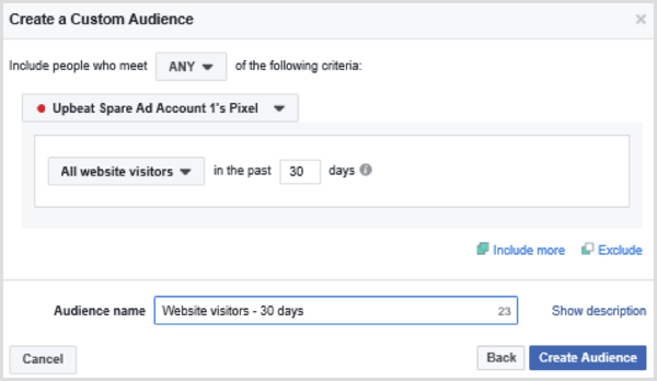 Ορίστε επιλογές για να ρυθμίσετε ένα προσαρμοσμένο κοινό Facebook από όλους τους επισκέπτες του ιστότοπου τις τελευταίες 30 ημέρες