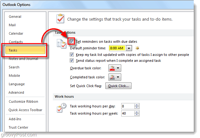 Πώς να ρυθμίσετε τις προεπιλεγμένες υπενθυμίσεις εργασιών για το Outlook 2010