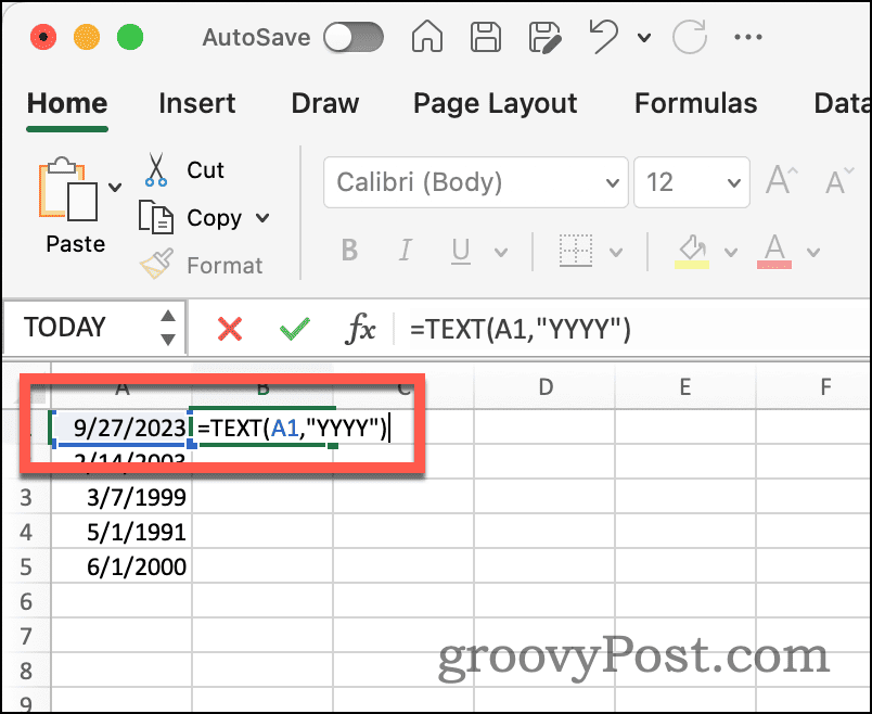 Συνάρτηση κειμένου Excel για εξαγωγή έτους από την ημερομηνία