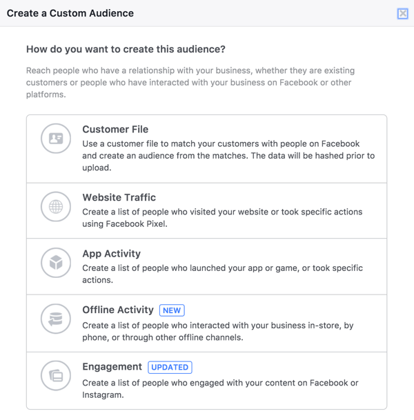 Στο εργαλείο Κοινό Facebook, επιλέξτε Αφοσίωση για να δημιουργήσετε ένα κοινό από άτομα που έχουν παρακολουθήσει τα ζωντανά βίντεό σας.