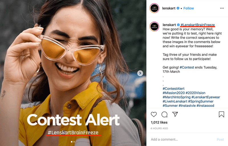 παράδειγμα δημοσίευσης διαγωνισμού Instagram που περιλαμβάνει επώνυμο hashtag σε εικόνα και λεζάντα