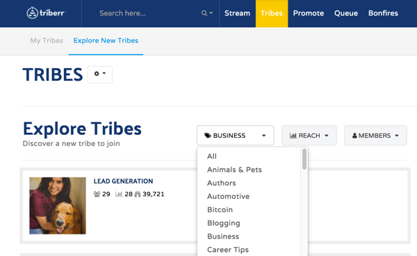 Μεταβείτε στην καρτέλα Φυλές για να αναζητήσετε φυλές για συμμετοχή στο Triberr.