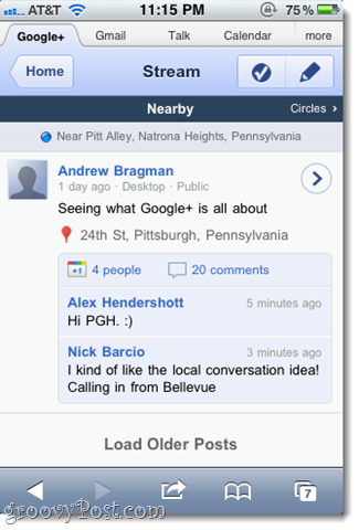 Επίσκεψη προβολής οθόνης εφαρμογής Google+ στο iPhone