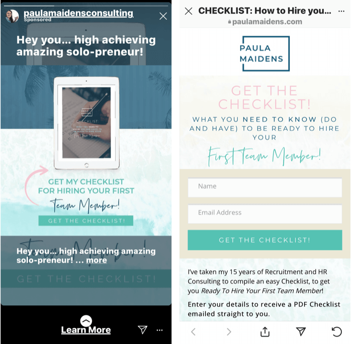 στιγμιότυπο οθόνης μιας διαφήμισης ιστοριών Instagram που προσφέρει μια δωρεάν λίστα ελέγχου για την πρόσληψη του πρώτου διαχειριστή ομάδας