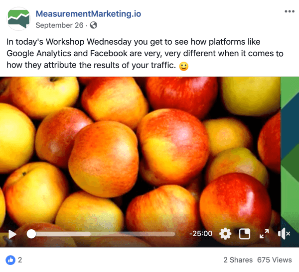 Αυτό είναι ένα στιγμιότυπο οθόνης μιας ανάρτησης στο Facebook από τη σελίδα MeasurementMarking.io. Η ανάρτηση δείχνει επίσης ένα βίντεο που προωθεί τον μαγνήτη του Chris Mercer's Workshop Τετάρτες. Οι χρήστες που παρακολουθούν ή κάνουν κλικ στο βίντεο μπορεί να έχουν ολοκληρώσει έναν στόχο ευαισθητοποίησης.