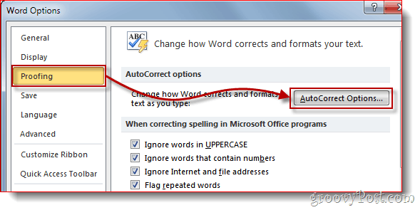 Word 2010 Proofing Μενού
