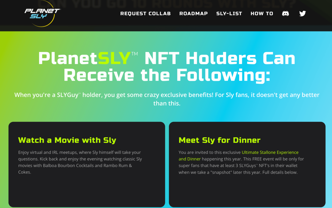 εικόνα του ιστότοπου PlanetSly που εξηγεί τα οφέλη για τους κατόχους SLYGuy NFT