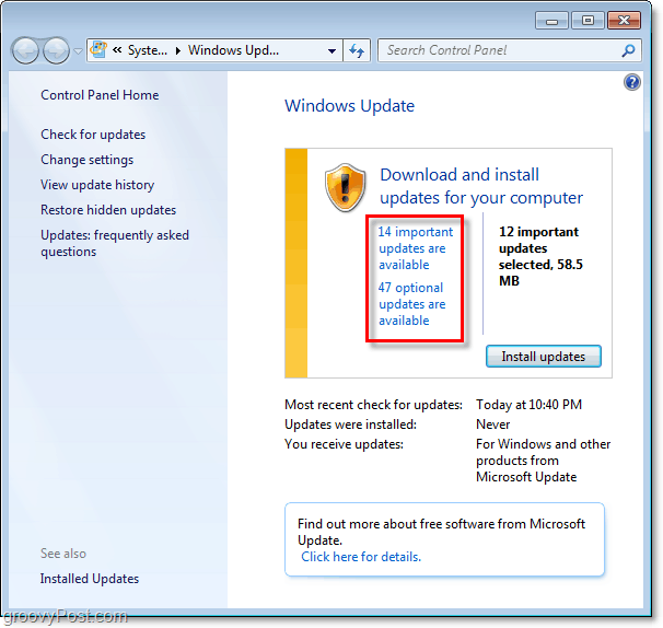 Windows 7 - Στιγμιότυπο οθόνης Windows Update