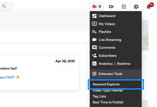 Πώς να χρησιμοποιήσετε μια σειρά βίντεο για να αναπτύξετε το κανάλι σας στο YouTube, επιλογή μενού για το εργαλείο εξερεύνησης λέξεων-κλειδιών του TubeBuddy
