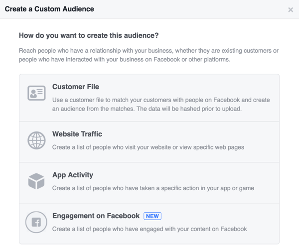 Επιλέξτε πώς θέλετε να δημιουργήσετε το προσαρμοσμένο κοινό σας στο Facebook.