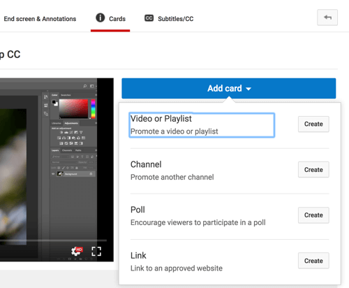 Κάντε κλικ στην επιλογή Προσθήκη κάρτας και επιλέξτε τον τύπο κάρτας που θέλετε να προσθέσετε στο βίντεό σας στο YouTube.