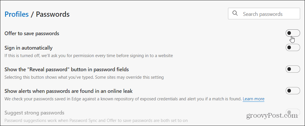 Απενεργοποίηση Edge Options Password