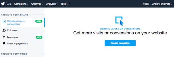 Ορίστε την επιλογή "Κλικ ιστότοπου ή μετατροπές" για να ρυθμίσετε τη διαφήμισή σας στο Twitter.