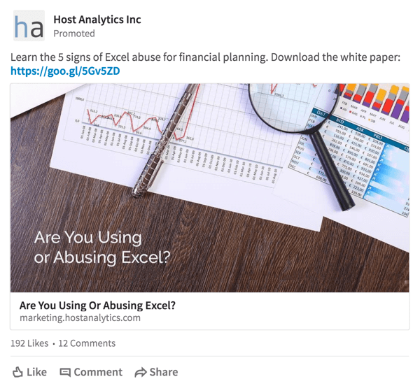 Το Host Analytics παρέχει μια προσφορά λήψης Λευκής Βίβλου σε ένα στοχευμένο κοινό στο LinkedIn.