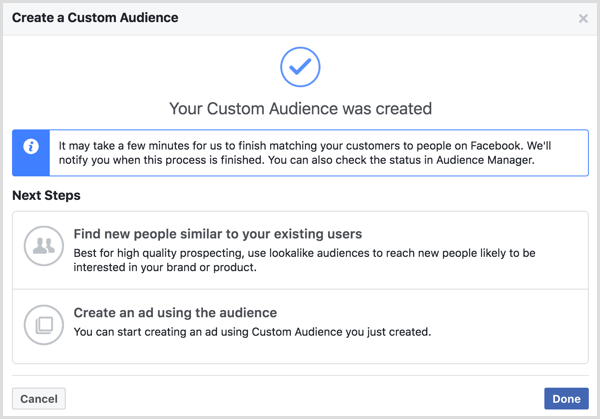 Το προσαρμοσμένο κοινό σας δημιουργήθηκε το μήνυμα που εμφανίζεται μετά τη δημιουργία ενός προσαρμοσμένου κοινού στο Facebook
