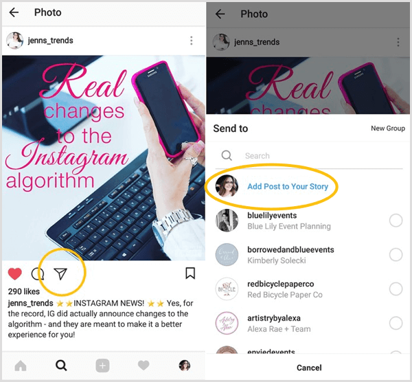 Αναζητήστε την επιλογή Προσθήκη δημοσίευσης στην ιστορία σας για να δείτε εάν έχετε πρόσβαση στη δυνατότητα αναδημοσίευσης Instagram.