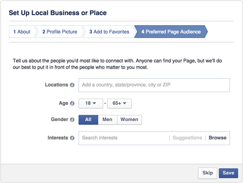 Προτιμώμενο κοινό της σελίδας τοπικής επιχείρησης facebook