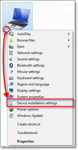 στο μενού περιβάλλοντος του υπολογιστή σας των Windows 7 και κατεβείτε στις ρυθμίσεις εγκατάστασης της συσκευής