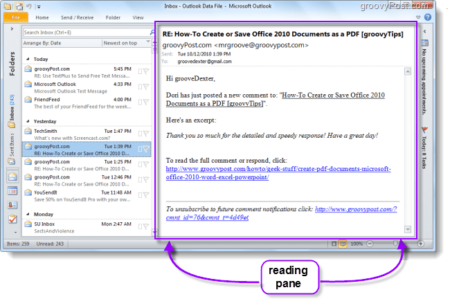 Το παράθυρο ανάγνωσης του Outlook 2010 προβάλλει τα μηνύματα ηλεκτρονικού ταχυδρομείου