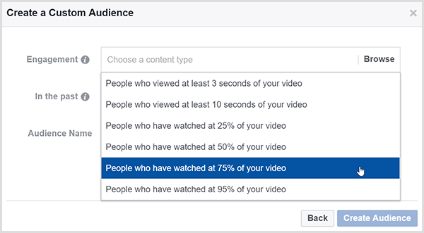 Το πλαίσιο διαλόγου Δημιουργία προσαρμοσμένου κοινού στο Facebook έχει επιλογές για τη στόχευση διαφημίσεων σε άτομα που παρακολούθησαν ένα συγκεκριμένο ποσοστό του βίντεό σας.