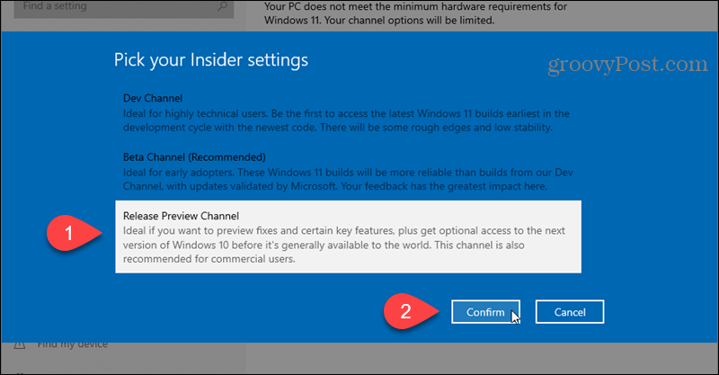 Επιλέξτε το Κανάλι προεπισκόπησης έκδοσης για το πρόγραμμα Windows Insider