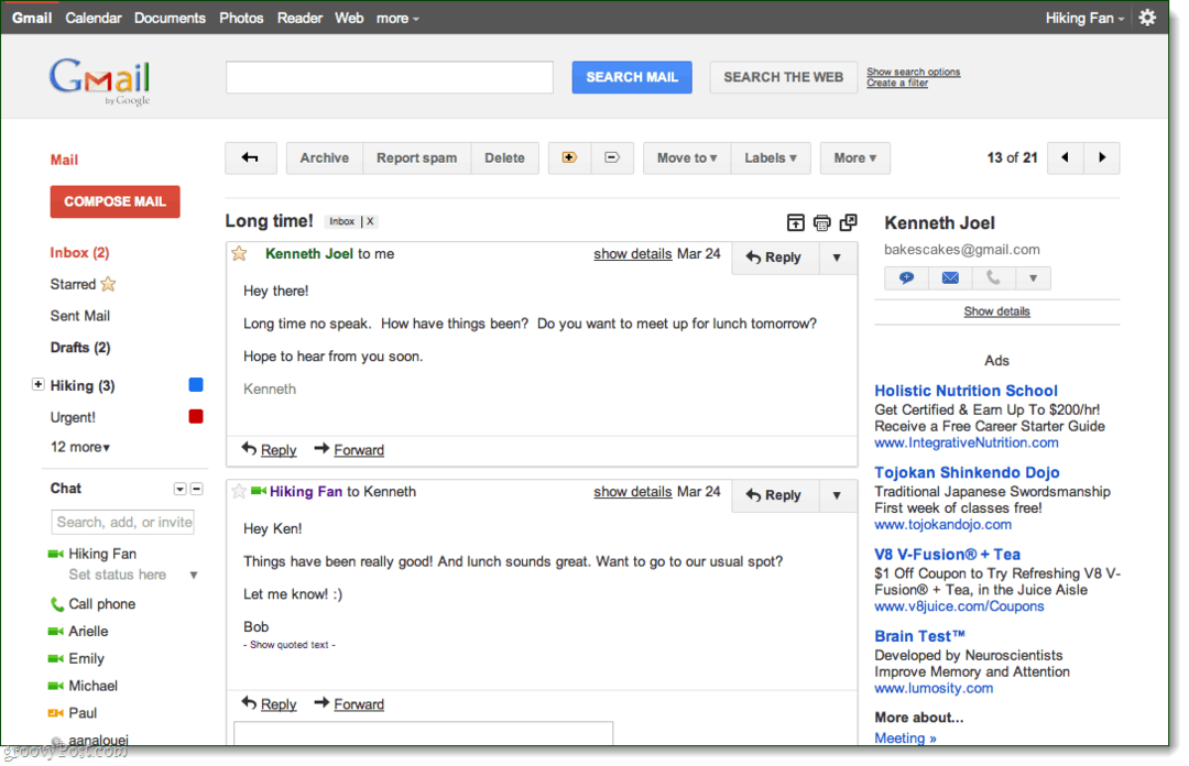 Προβολή πρότασης συνομιλίας Gmail