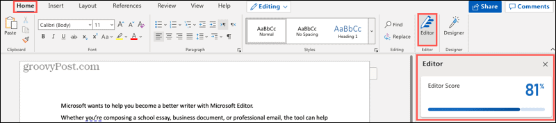 Κουμπί Microsoft Editor και πλευρική γραμμή στο Word online